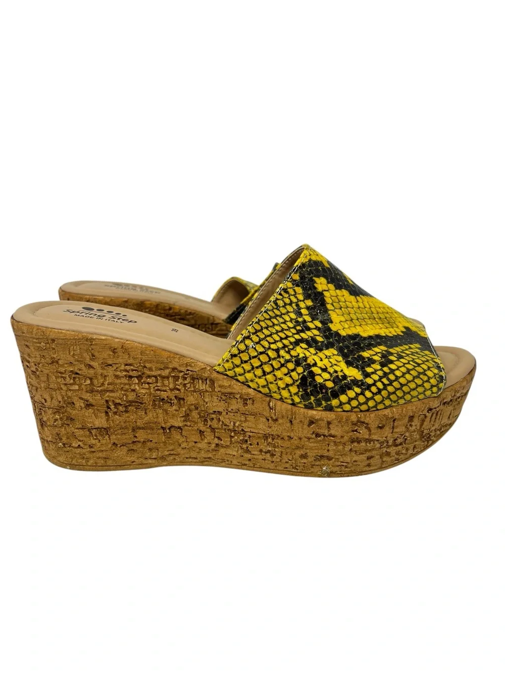 Spring Step Yellow and Black Snake-Print Cork Wedge Slide